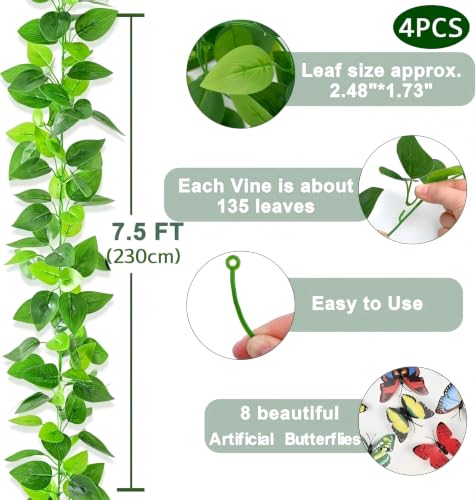 BLEUM CADE 4Pcs Fake Vines with Faux Pothos Leaves, Artificial Ivy Garland Fake Plants Greenery for Bedroom Living Room Office Wall Garden Wedding Party Indoor Outdoor Decor Aesthetic - color: Pothos Vines - 4pcs