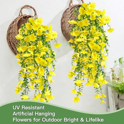 Artificial Flowers for Outdoors Fake Morning Glory Hanging Flower Decoration, 2 Pcs Realistic Faux Plants Petunias Trailing Vines, Spring Summer Decor for Porch Patio Balcony Planter Yard(Yellow) - color: Yellow, size: 2 Pcs