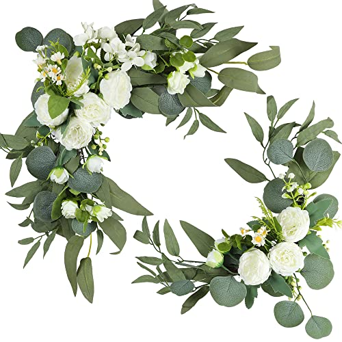 H&W 2pcs Artificial Wedding Arch Flowers for Wedding Sign, Floral Swag Dusty Decor for Reception Ceremony Backdrop(Willow Leaves-Peony-White) - color: Willow Leaves-peony-white