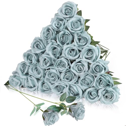 30pcs Fake Roses Artificial Silk Flowers Long Stems Bouquet for Wedding Bridal Shower Party Home Decoration (Dusty Blue) - color: Dusty Blue
