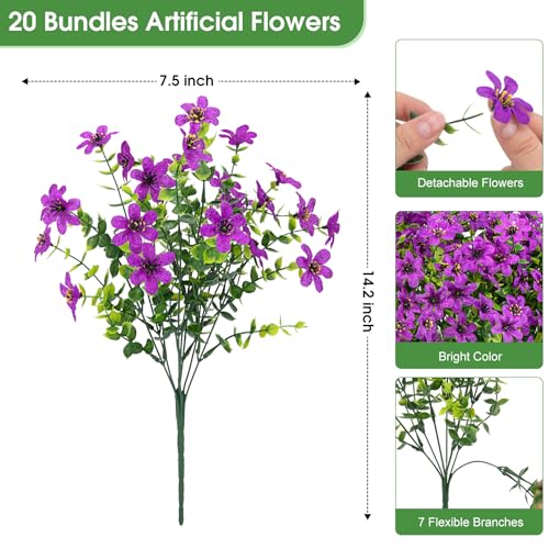 Bassion 20 Bundles Artificial Flowers for Outdoors Decorations, UV Resistant Faux Plants Fake Silk Flowers for Outside Daisy Hanging Planters Window Box Front Door Porch Patio Yard Home Decor - color: Fuchsia