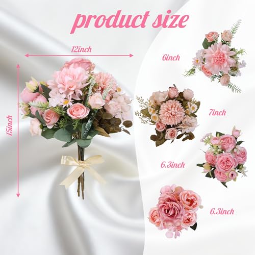 Bulk 12 Bundles Artificial Peonies Flowers, Silk Roses, Faux Dahlias & Chamomile in Hydrangea Bouquet for Vase Filler, Wedding Centerpiece, Home Party Decor