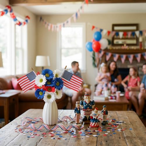 Tigeen 14 Pcs 4th of July Decor Red White Blue Artificial Flower Patriotic Decoration Daisy Flower with 2 Flag 250th Anniversary Table Centerpieces for Memorial Veterans Independence Day Home Decor - style: Daisy