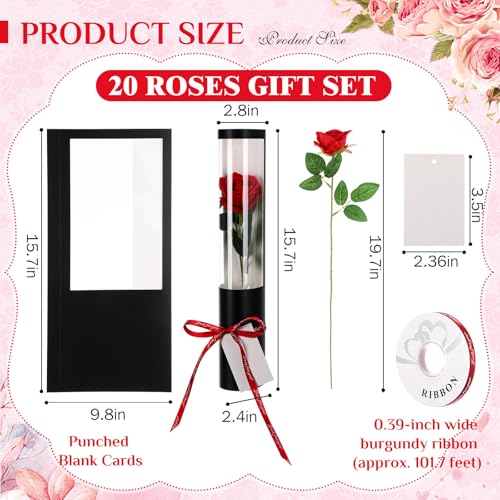 Norme 20 Sets Mother Day Artificial Rose Flowers with Single Cone Boxes, Realistic Touch Velvet Fake Rose Wrapping Bag Bouquet Packaging Sleeves for Teacher Gifts DIY Gift Supplies