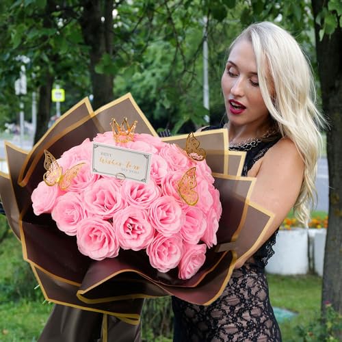 Pink Glitter Roses Bouquet, 30 Pcs DIY Fake Flowers Bouquet, Everlasting Shiny Artificial Rose Bouquet for Valentine's Day, Anniversary, Engagement, Wedding - color: Light Pink