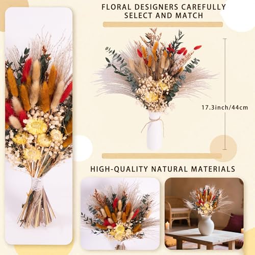 Handmade Bohemian Dried Flower Bouquet – Spring Summer Flowers Arrangement with Strawflower, Pampas Grass, Bunny Tails & Eucalyptus – Rustic Farmhouse, Shelf, Dining Table & Home Decor