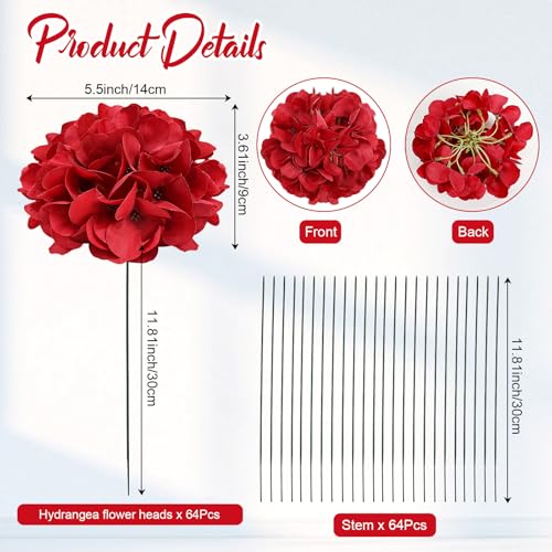 Red Hydrangea Artificial Flowers Bulk with Stems 64 Pcs | Faux Silk Hydrangeas Flower Heads with Stems for Wedding Arch Table Centerpieces Home Garden Baby Shower Party Decoration - color: Red