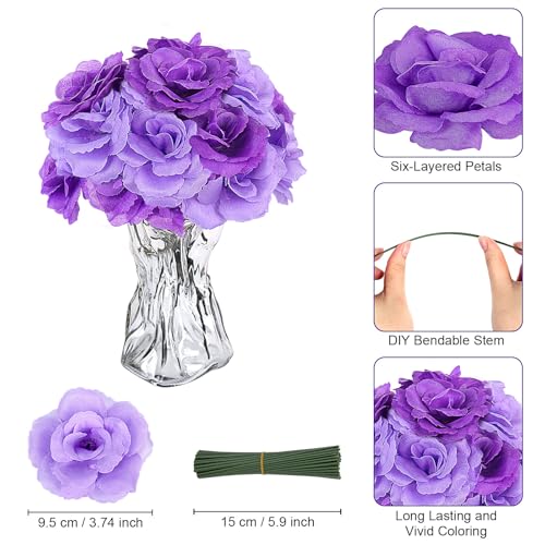 108pcs Roses Head Flowers with Stem - Purple & Lilac Artificial Flowers Rose Bulk - Lavender Purple Silk Rose Fake Flower for Wedding Bouquet Party Home DIY Baby Shower Centerpieces Tables Decoration - color: Purple-lilac