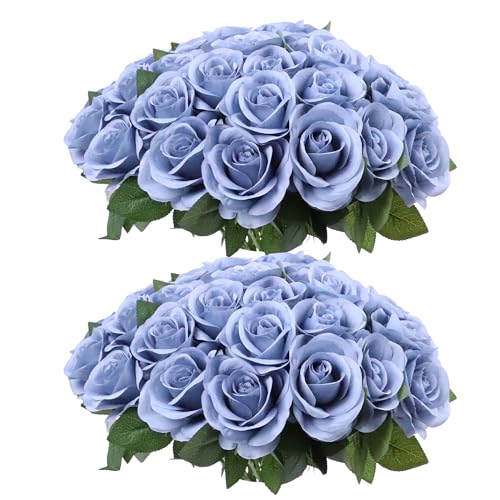 52pcs Dusty Blue Roses Artificial Flowers Fake Flowers Silk Roses with Stems for DIY Wedding Bouquets Bridal Shower Centerpieces Arrangements Party Decorations - color: Dusty Blue