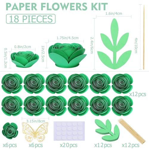 Mverse 3D Rolled Artificial Roses Paper Flowers, Mini Crafts DIY Gift Decorations for Shadow Box Frame, Graduation Cap, Cake Topper, Baby Floral Nursery (18 Pieces, Green) - color: 14- Green