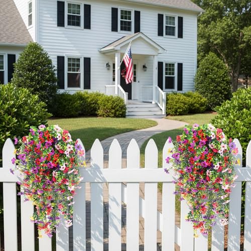 CEWOR 4pcs Artificial Hanging Flowers Plants for Outdoor, Fake Flowers Faux Silk Daisy with Eucalyptus, UV Resistant Realistic Faux Flower for Outside Indoor Home Porch Patio Decor, Multicolor - color: Multicolor Daisy