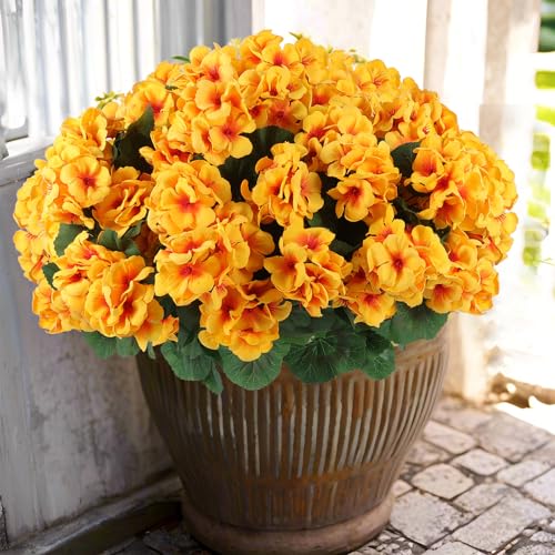 Hananona 12 Pcs Artificial Geranium Flowers for Outdoors Geranium Silk Flowers Outdoor UV Resistant Garden Plants Faux Flowers for Home Kitchen Table Centerpieces Decor (12, Yellow) - color: Yellow