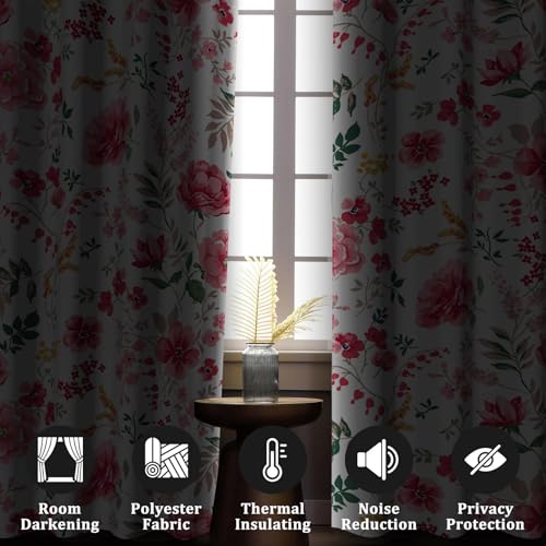 Renaiss Pink Rose Floral Curtains Red Peony Flowers Blackout Window Curtains for Bedroom Thermal Insulated Living Room Window Drapes 29W x 45L Inches 2 Panel Set, Grommet Top - color: Pink & Green, size: 29"W x 45"L (Pack of 2)