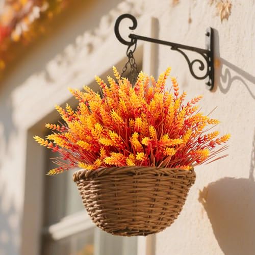 12 Bundles Artificial Fall Lavender Flowers for Outdoors UV Resistant Fake Monkey Grass with Flowers, No Fade Fake Mums Faux Plastic Shrubs Plants for Porch Garden Planters Window Box Decor, Orange - color: Orange, size: 12 Bundles