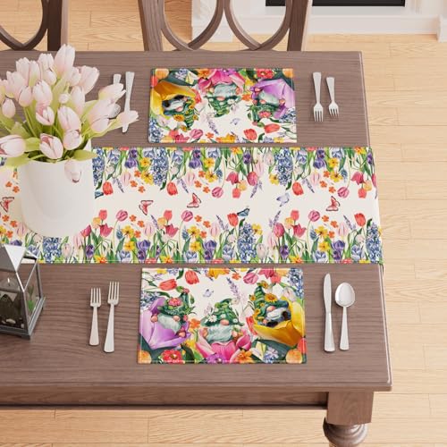 XCHI Tulips Gnomes Flowers Spring Placemats Set of 4 Summer Table Mats for Party Home Kitchen Dining Table Decorations 12x18 Inch - size: Set of 4 (12x18 Inch)