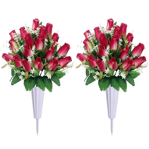 Christmas Artificial Cemetery Flowers for Grave, Memorial Roses Bouquets with Vase for Grave Tombstone Decorations (Rose Pink) - color: Rose Pink