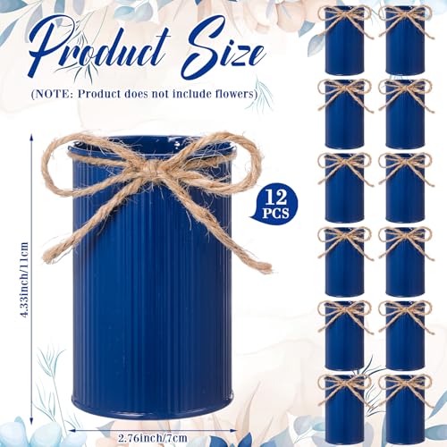 Rustic Vase for Table Centerpieces 4.33 Inch Small Petite Flower Vase with Twine Bow Vintage Farmhouse Decor for Wedding Reception Dining, Home Galvanized Metal Buckets(Dark Blue,12 Pcs) - color: Dark Blue