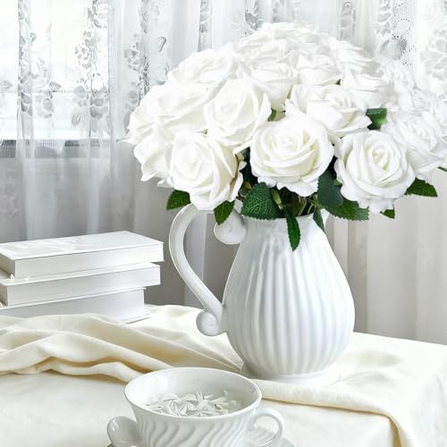 50Pcs White Roses Artificial Flowers with Stems，Fake Roses Bouquet Fake Flowers Bulk，Silk Velvet Roses for Wedding Centerpieces Arrangement Baby Shower Birthday Home Decor Gifts - color: White, size: 50