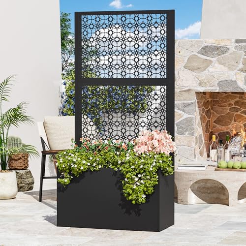 Modern Shade Metal Planter Box with Trellis Privacy Screen, 6x3 FT Large Raised Garden Bed, Multi-Functional Privacy Screen Outdoor with Drainage Holes for Climbing Plants, Petal Weave - size: 1 PC (Petal Weave) with Planter Box