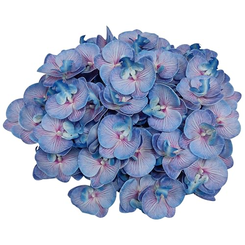 Fake Blue and Red Stripes Orchids Artificial Flowers Heads, 3.5''Fake Orchid Heads for Wedding Floral Bouquet Decor DIY Craft Making Bridal Shower Photography Props (80, Blue+red Stripe) - color: Blue+red Stripe