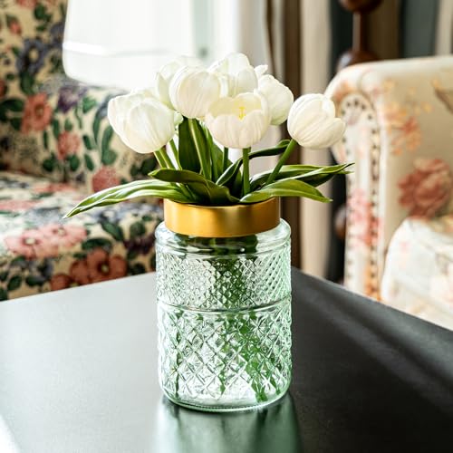 2-Pack Flower Vase Glass, 7.6 inch Green Fluted Vase with Golden Metal Top,Stylish Decorative for Tabletop Centerpiece, Kitchen,Living Room,Bedroom,Bathroom,Office - color: Green1