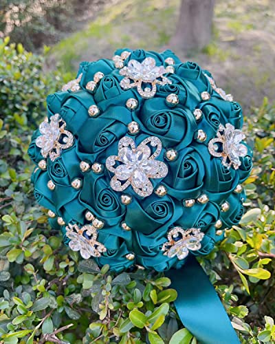One Big Size(8.26") Gold Diamond Bridal Wedding Bouquet Bridesmaid Toss Bouquet Foam Rose Bouquet with Ribbon W666-21 Emerald Green - color: Emerald Green