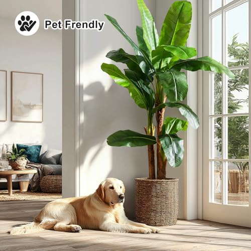 Artificial Banana Tree 6ft, Faux Tropical Palm Tree Plant with Realistic Leaves, Low Maintenance Indoor Outdoor Decor for Home Office Porch, in Nursery Pot - size: 6ft