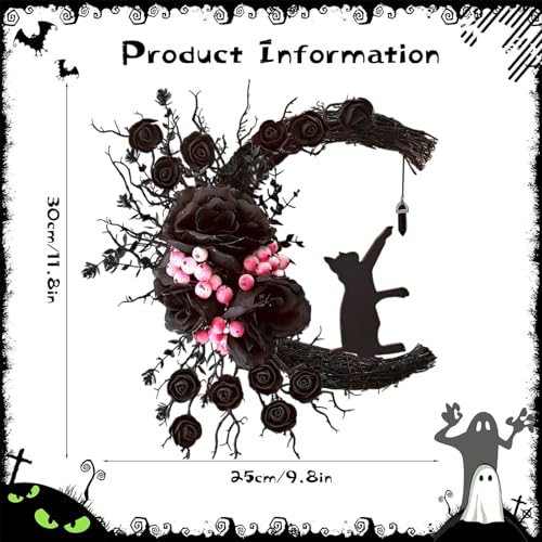 Halloween Wreaths for Front Door, Flower Moon Cat Halloween Home Decoration, Family Gathering Decoration Wreath，Outdoor, Wall, Closet, Fence, Wreath Christmas (Moon Cat Wreath Black) - color: Moon Cat Wreath Black