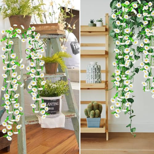 4 Pack Artificial Daisy Flowers Vine, 27.2 Ft Silky Artificial Garland with White Daisy and Vine Floral Garlands Decoration for Room Wall, Flower Themed Party, Wedding Supplies