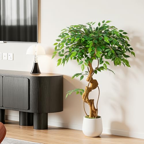 4ft Large Ficus Artificial Trees in White Pot, 48" Tall Fake Silk Tree with Natural Curved Trunk, Lush Faux Ficus Tree for Indoor Home Decor, Living Room, Office & Patio - size: 4ft