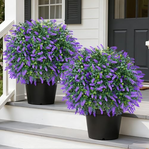 Grooy Artificial Boxwood Topiary Ball with Lavender, Set of 2 Artificial Shrub Bushes with Ground Spike, UV Resistant Fake Evergreen Plant Tree for Porch Outdoor Planters Indoor - color: Lavender Ball