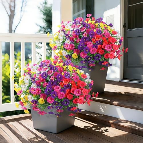 Ivydale 24 Bundles Artificial Flowers for Outdoors Spring Plants Outdoor Decor, Faux Silk Morning Glory Fake Flowers Bulk Petunias Realistic UV Resistant for Outside Porch Patio Window Garden Yard - color: 6colors Mixed