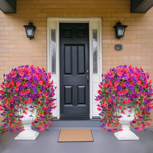 Dolicer 8 Pack Look Real Artificial Flowers for Outdoors, Fake Artificial Hanging Flowers for Outdoors Realistic UV Resistant Hanging Flowers Silk Petunia Faux Flowers for Porch Patio(Purple+Rose Red) - color: Purple+rose Red, size: 8 packs
