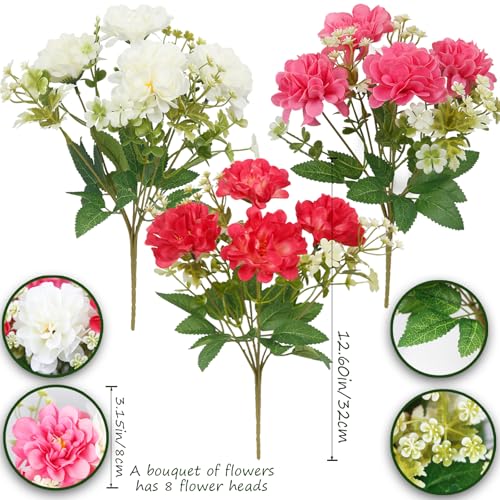 3 Pcs Silk Cemetery Flowers Artificial Geraniums for Outdoors UV Resistant Rose Red Artificial Topiary Potted Faux Flowers for Planters Outdoor Hanging Front Porch Garden Patio Grave Decor - color: Pink