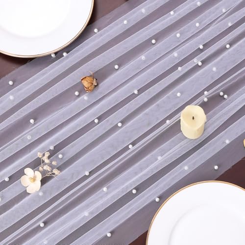 Gauze White Pearl Table Runner 10FT Sheer Spring Summer Pearl 120 Inch Valentine’s Day Tulle Table Runner for Dining Anniversary Wedding Table Decor for Home Party Decorations - color: White Pearl, size: 10 ft × 1 pc