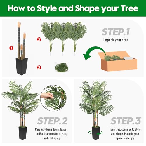6ft Artificial Palm Tree Indoor Plant，Triple Faux Tropical Areca Floor Plant in Pot，Artificial Plants with Lifelike Leaves for Home Office Decor - color: Black, size: 6ft