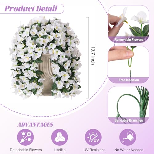 INXUGAO 2 pcs Artificial Faux Bougainvillea Flowers Plants for Outdoor Outside Summer Decoration, Fake Silk UV Resistant Long Trailing Vines for Front Door Porch Planter Balcony (White) - color: White