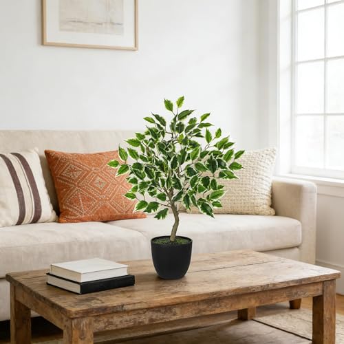 Artificial Potted Plants Indoor,19" Faux Plants Ficus Leaves Trees in Pot Realistic Fake Plant Indoor Potted for Living Room Office Farmhouse Room Bathroom Bedroom Kitchen Plant Decor Green and White - color: Green and White