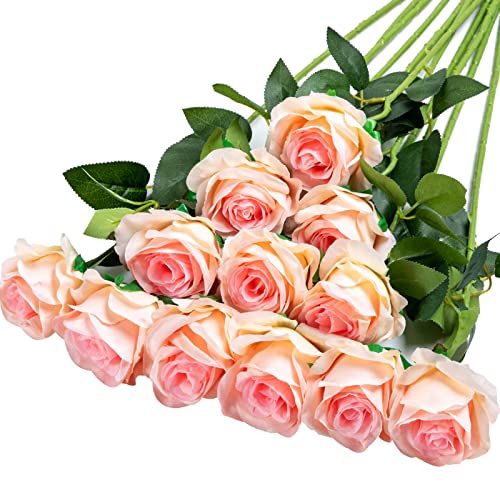 Hawesome 12PCS Artificial Silk Flowers Realistic Roses Bouquet Long Stem for Home Wedding Decoration Party (Gradient Light Pink, 12Pcs Flowers) - color: Gradient Light Pink, size: 12Pcs Flowers