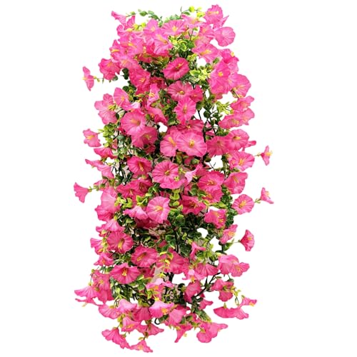 Artificial Flowers Garland 2PCS Pink Artificial Silk Morning Glory Vine Artificial Flowers Hanging Eucalyptus Garland for Wall Fence Arch UV Protected Indoor Outdoor Decor - color: Pink