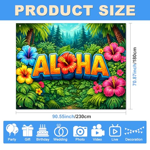 BlissYard Aloha Backdrop 8x6ft Hawaiian Luau Party Tropical Photo Booth Background Cloth for Photography, Hibiscus Flowers Palm Leaves Jungle Island Banner for Summer Birthday Wedding Event Decor - color: Aloha Backdrop#3