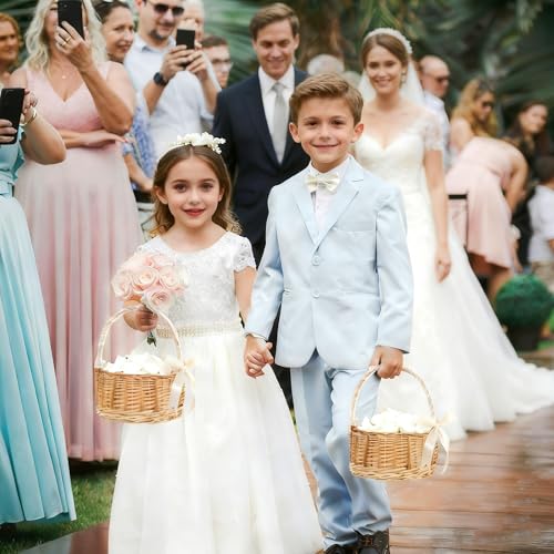 2 Pack Wicker Rattan Flower Girl Mini Basket, Handmade Wedding Flower Basket with Handle Silk Ribbon, Wicker Basket for Wedding Picnic Home Decor - size: Round Basket