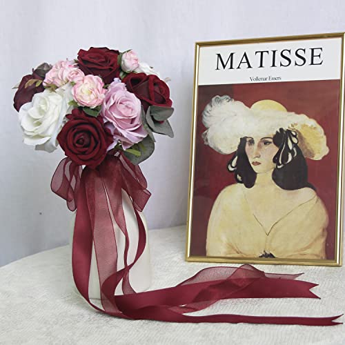Rinlong 7" Wedding Bouquet, Burgundy Silk Bridesmaid Bridal Bouquet - color: 19-burgundy Red