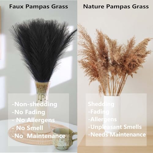 Black Pampas Grass Decor, 30 Pcs 17" Black Flowers Short Fluffy Artificial Faux Pampas Grass Stems, Fake Bulrush Floor Vase Filler Flower Arrangement for Boho Home Decoration - color: Black
