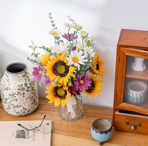 Artificial Faux Flowers in Vase for Home, Fake Flowers Arrangment with Pot, Sunflower Silk Daisy Bouquet for Fall Spring & Summer Decor Coffee Table Dinning Room Kitchen Centerpiece Table Decorations - color: Purple