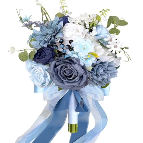 9 Inch Dusty Blue White Wedding Bouquets for Bride Bridesmaid, Artificial Fake Roses Flowers Navy Blue White Bridal Bouquet Fall Boho Vintage Rustic Wedding Decoration Prom Toss Bouquet - color: Dusty Blue White