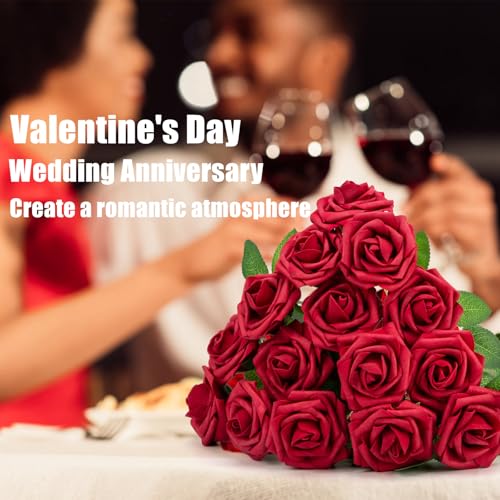 Cliselda 100Pcs Red Fake Roses Artificial Flowers with Stems, Valentine's Day Mothers, Real Touch Foam Rose Bulk Faux Flowers for Wedding Bouquets Centerpieces Flower Arrangement - color: Red