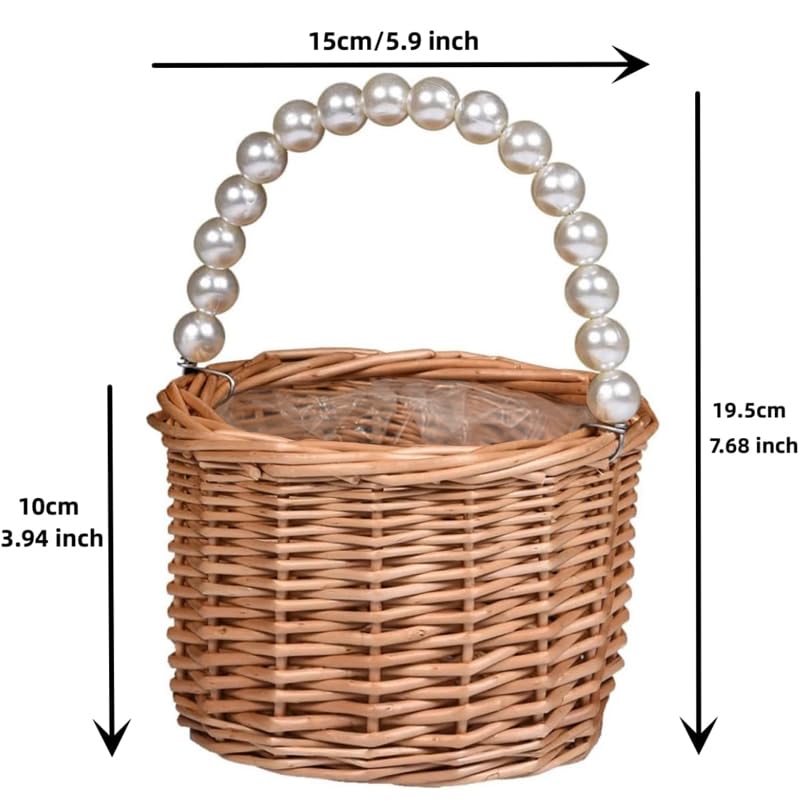 Wicker Rattan Flower Girl Basket,Pearl Handle Flower Basket,Flower Girl Basket for Wedding and Home Decorations.