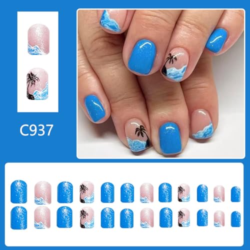 Summer Press on Nails Short Square Fake Nails Press Ons Sea Blue with Nude Coco Designs Glossy Full Cover Glue on Nails Artificial Stick on Nails for Women Girls Manicure 24 Pcs - color: Flower Square37
