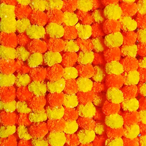 Artificial Marigold Garland for Decoration 5 Pcs of 5 feet Long Strands Artificial Marigold Flowers, Indian Decor for Pooja, Wedding Christmas, Events Decorations (Yellow + Orange) - color: Yellow + Orange